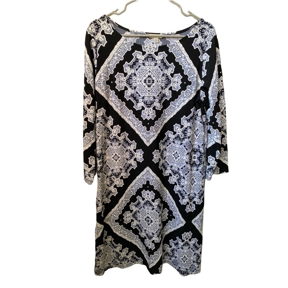 HAANI Women’s Black Ivory Embroidered Rounded Neck 3/4 Sleeve Unlined Midi Dress